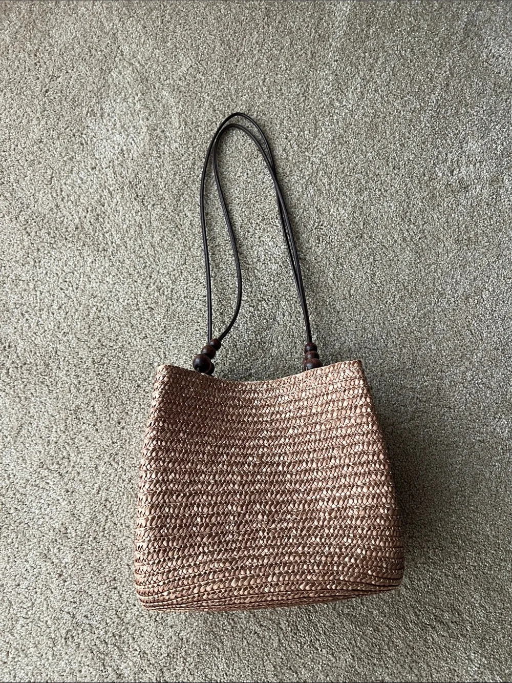 St. John's Bay Woven Straw Tote with Dark Brown Leather Straps